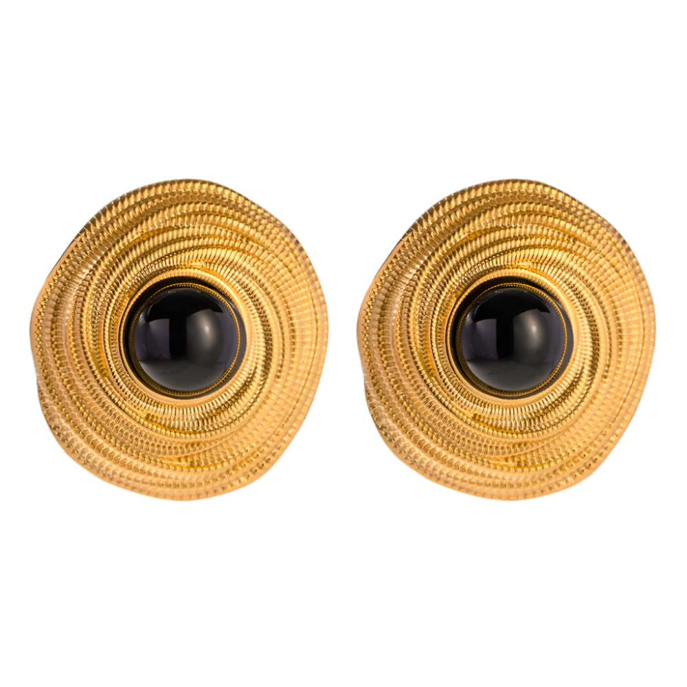 Close View of Vintage gold coil stud earrings with black onyx – 18K gold-plated, waterproof, hypoallergenic by STUD (Shop Till You Drop)