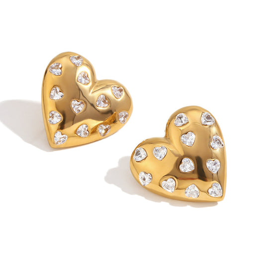 Close View of Romantic gold heart beaded earrings with zircon – 18K gold-plated, waterproof, hypoallergenic by STUD (Shop Till You Drop)