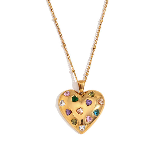Close View of Heart pendant beaded necklace with multicolor zircon – 18K gold plated by STUD-Shop Till You Drop