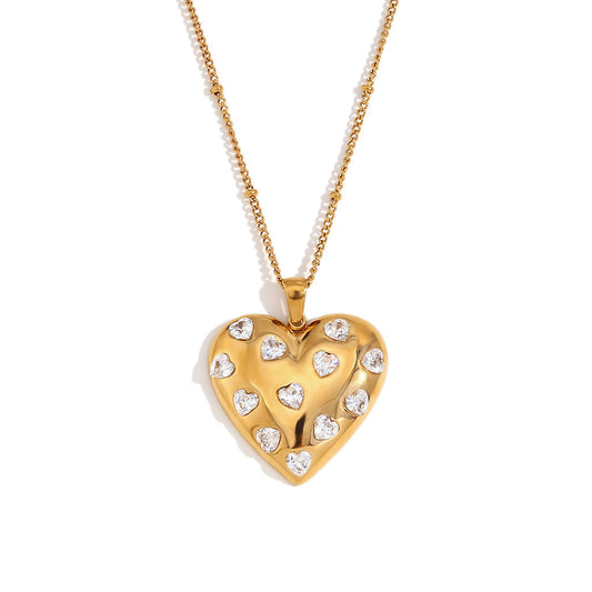 Close View of Romantic zircon heart beaded necklace – 18K gold plated by STUD-Shop Till You Drop
