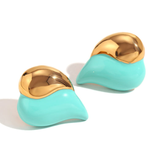 Close View of Teal enamel heart stud earrings – 18K gold-plated, smooth finish, love symbol by STUD (Shop Till You Drop)