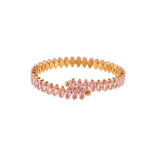 Close View of Pink marquise zircon open bangle in gold-plated stainless steel – luxury bracelet – STUD