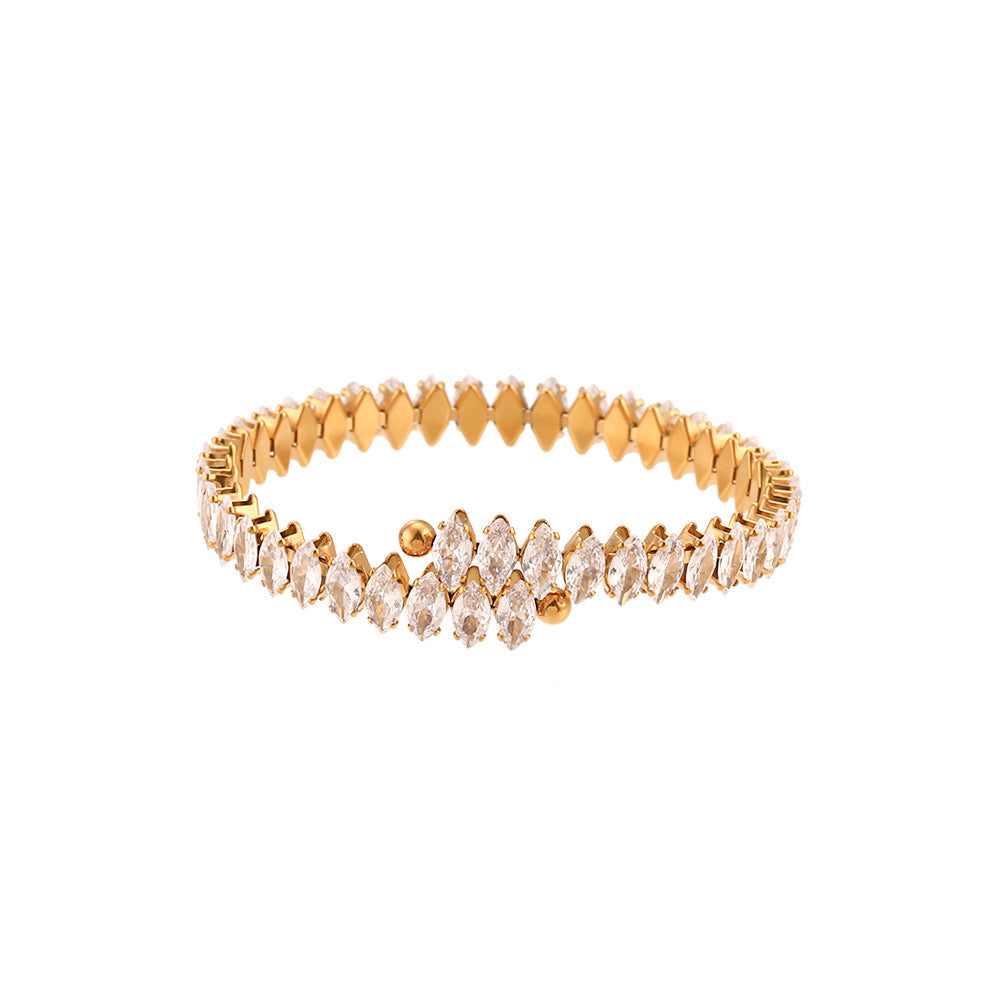 Close View of 18K gold plated open bangle with marquise zircon stones – luxury bracelet – STUD