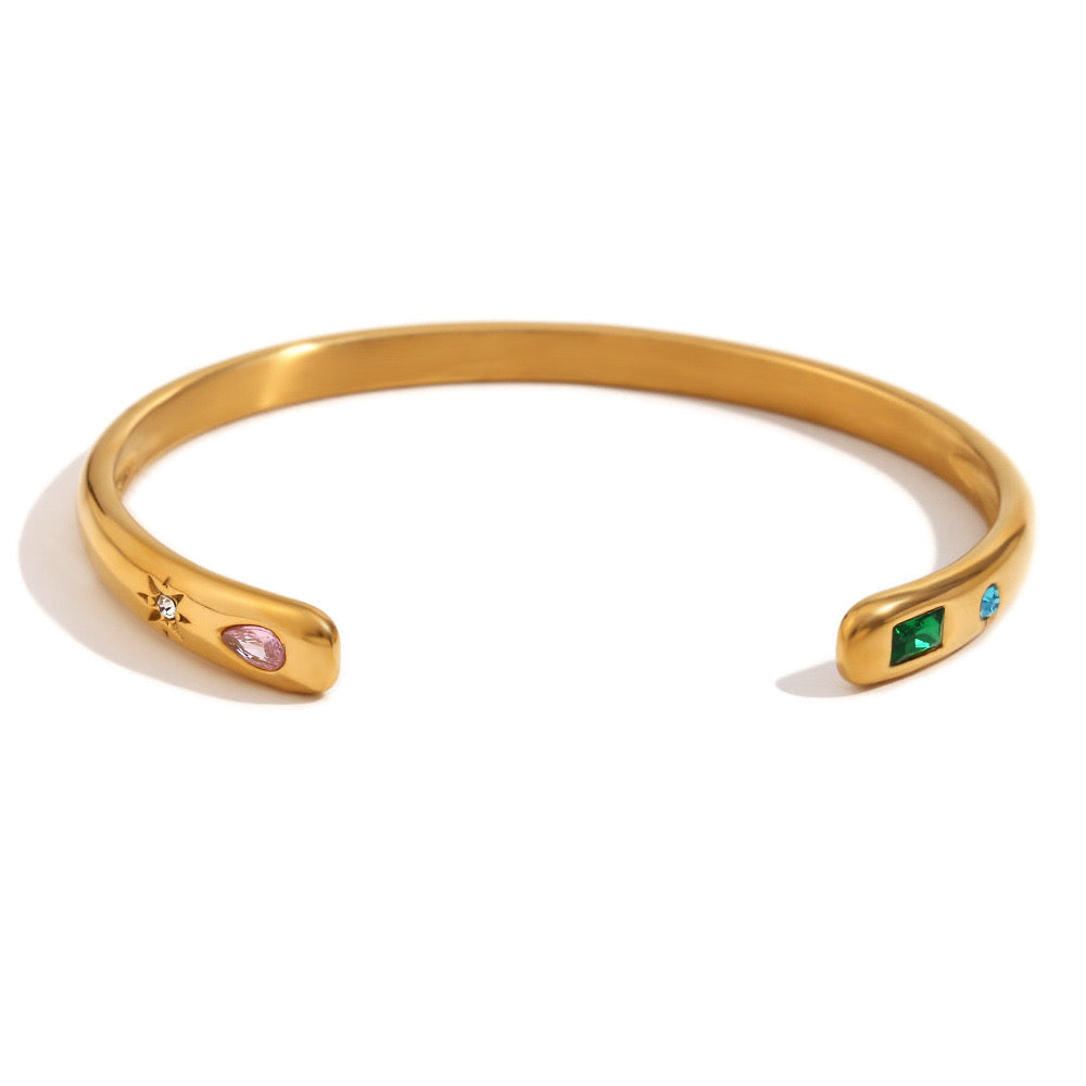 Gold Geometric Zircon Star and Waterdrop Open Bangle