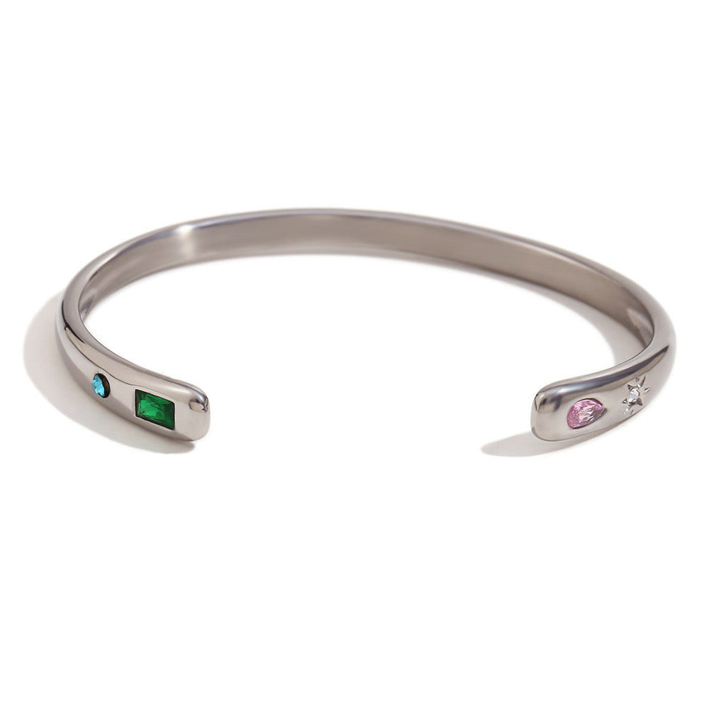 Silver Geometric Zircon Star and Waterdrop Open Bangle