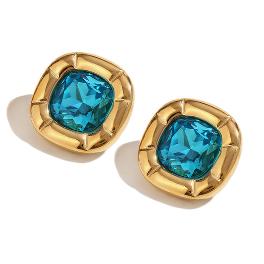 Vintage blue floral zirconia earrings – 18K gold-plated, square design, waterproof by STUD (Shop Till You Drop)