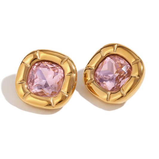 Close View of Vintage pink floral zirconia earrings – 18K gold-plated, rounded square design, waterproof by STUD (Shop Till You Drop)
