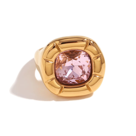 Close up view of Vintage pink floral zirconia ring – rounded square design in 18K gold-plated stainless steel – romantic waterproof jewelry by STUD (Shop Till You Drop)