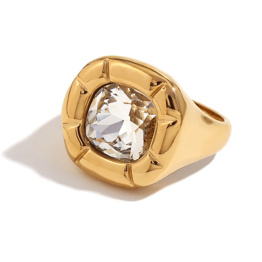 Close up view of Vintage floral zirconia ring – rounded square 18K gold-plated stainless steel design – elegant waterproof jewelry by STUD (Shop Till You Drop)