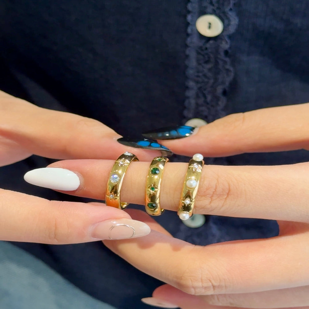 18K gold plated pearl bloom ring with miniature pearls and floral engravings – STUD