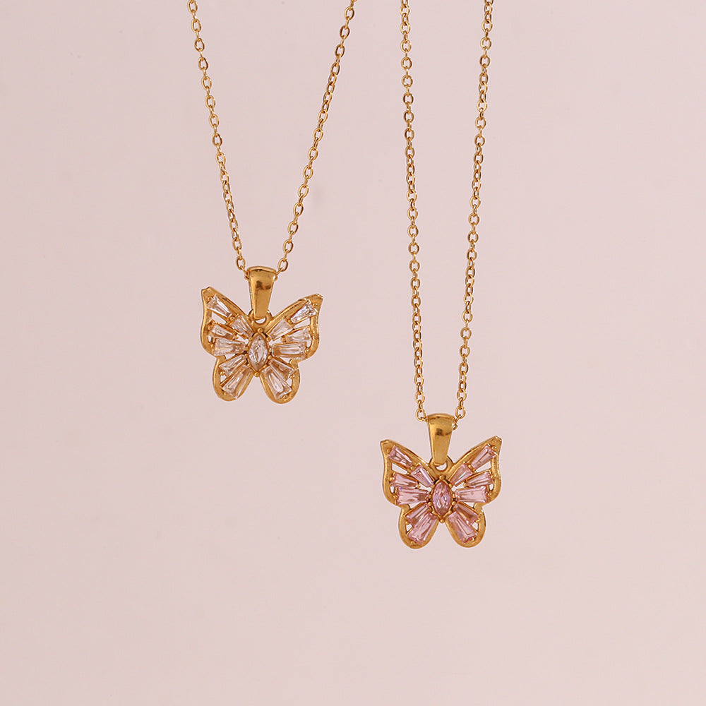 Elegant butterfly pendant necklace with pink zircon – STUD-Shop Till You Drop