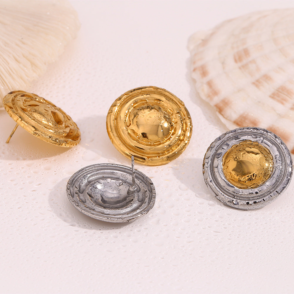 Geometric two-tone shield earrings – round 18K gold-plated, waterproof, anti-tarnish studs by STUD (Shop Till You Drop)