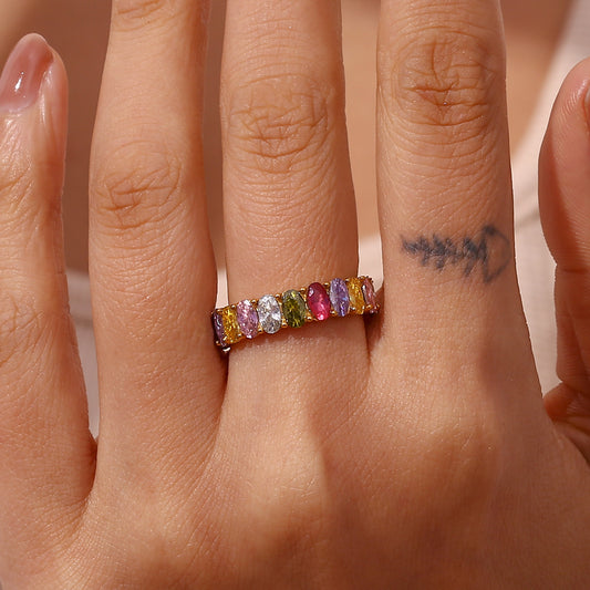 model wearing Multicolor zircon statement ring – 18K gold-plated double-layer open band with oval-cut stone – by STUD (Shop Till You Drop)