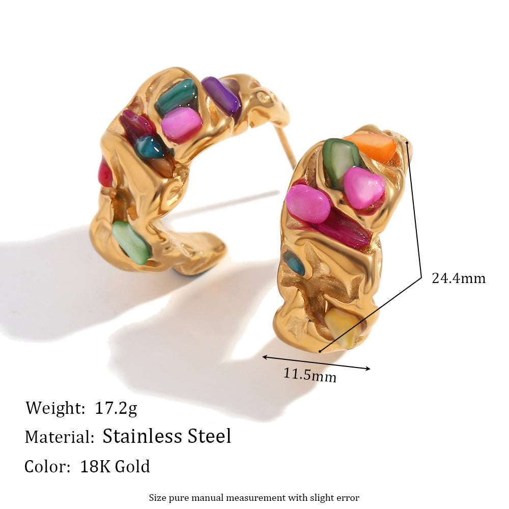 Size Details of Moon-shaped gold earrings with ruffled texture and colorful stones – 18K gold-plated, waterproof by STUD (Shop Till You Drop)