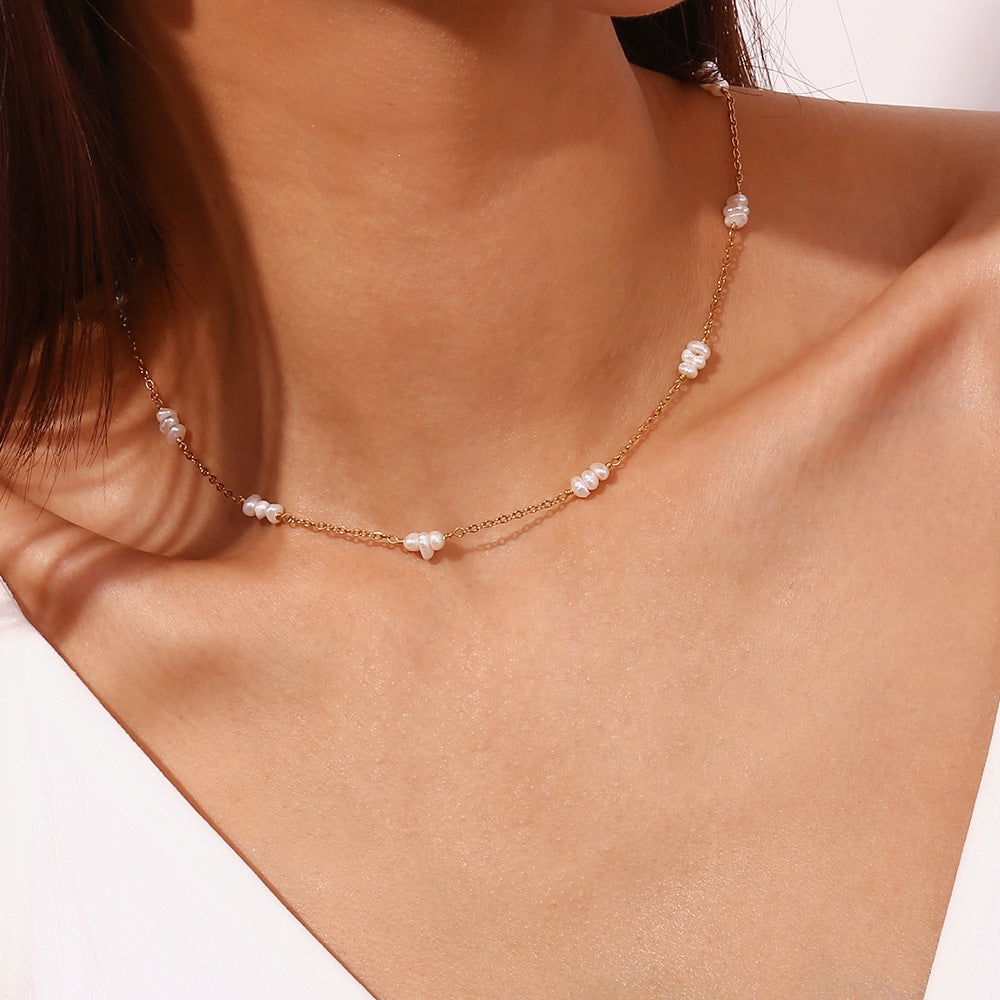 Model Wearing Freshwater pearl necklace – 18K gold plated minimalist design by STUD-Shop Till You Drop
