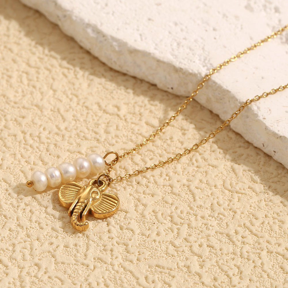 18K gold plated elephant pendant necklace with freshwater pearls – boho chic by STUD