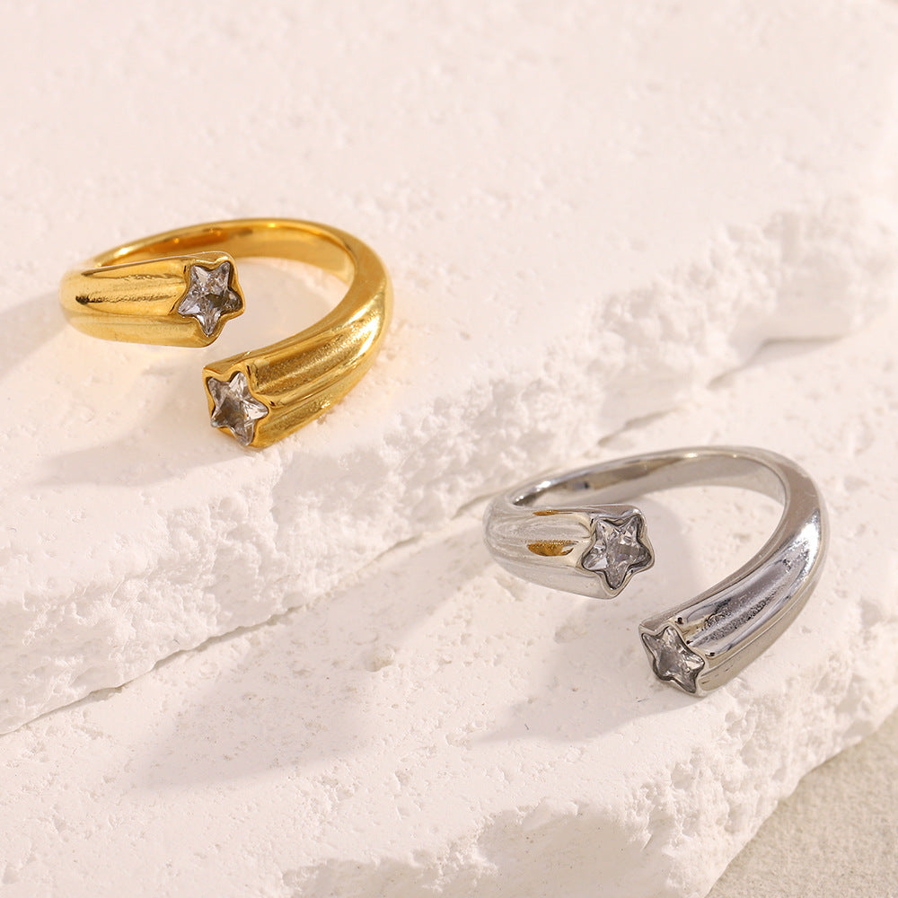 18K gold plated open band ring with round and star-cut zircon stones – STUD