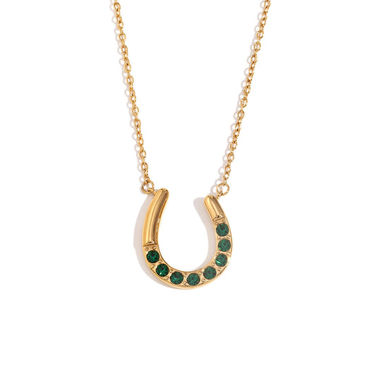 Close View of Green horseshoe pendant necklace with zircon crystals – 18K gold plated by STUD-Shop Till You Drop