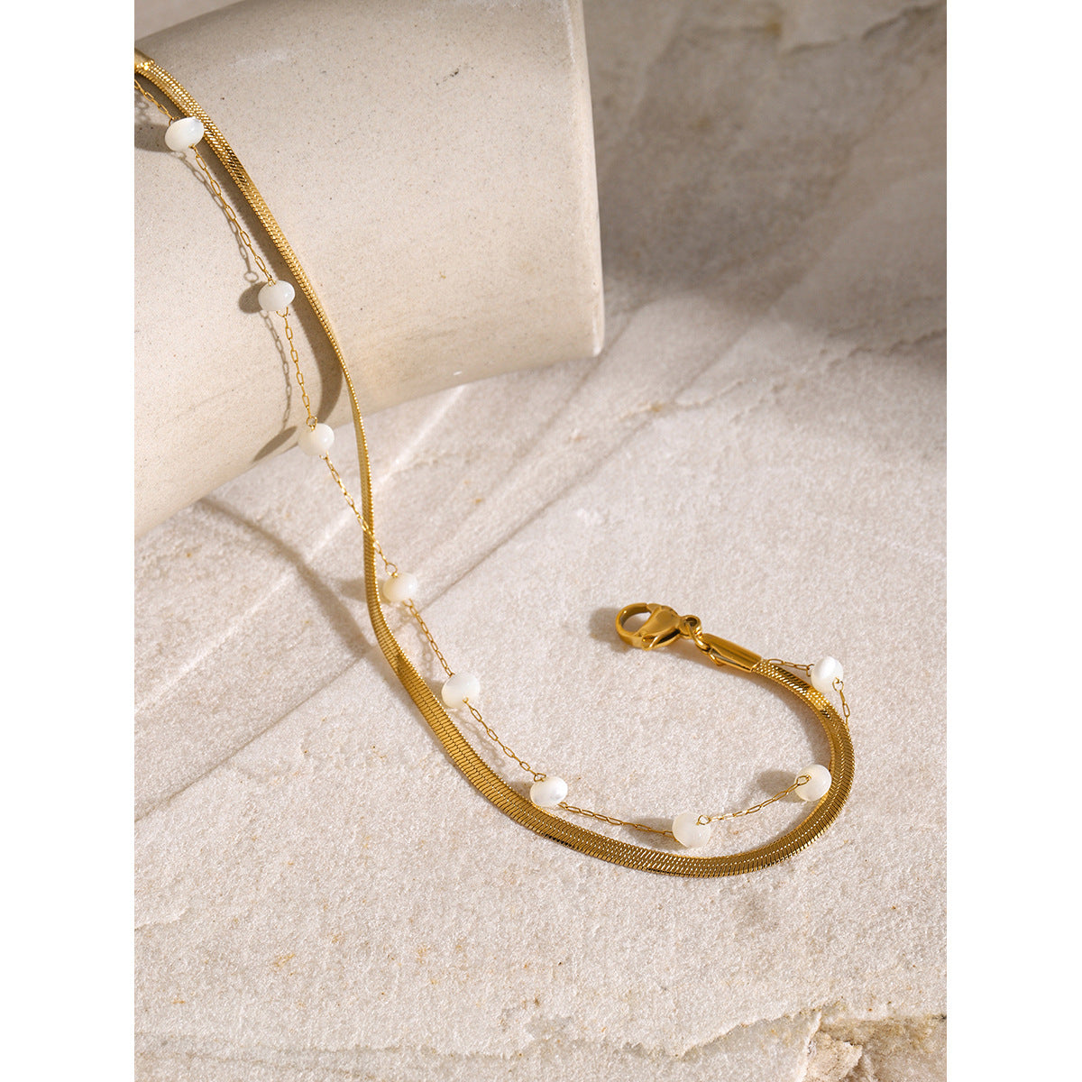 Double-layer 18K gold anklet with bar charm and beaded chain