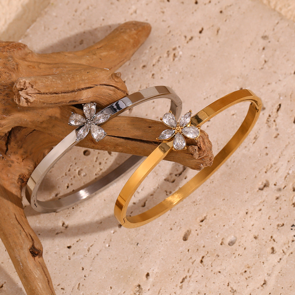 Elegant Silver Flower Bangle with White Zircon for Women