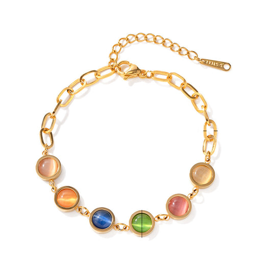 Colorful cat eye stone bracelet with 18K gold-plated chain – adjustable, waterproof, trendy jewelry for Gen Z
