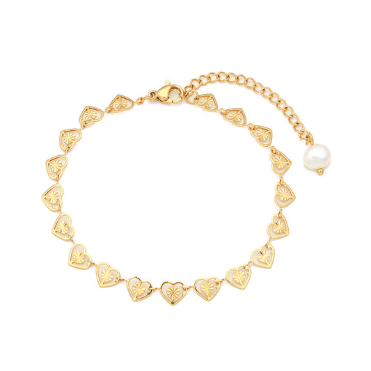 Close View of Heart bracelet with pearl accent – electroplated stainless steel design by STUD-Shop Till You Drop