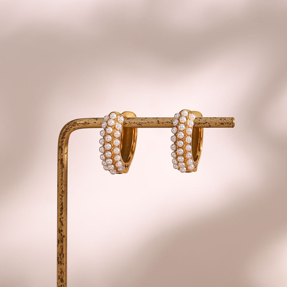 Close View of Baroque pearl hoop earrings – minimalist 18K gold-plated, waterproof, hypoallergenic by STUD (Shop Till You Drop)