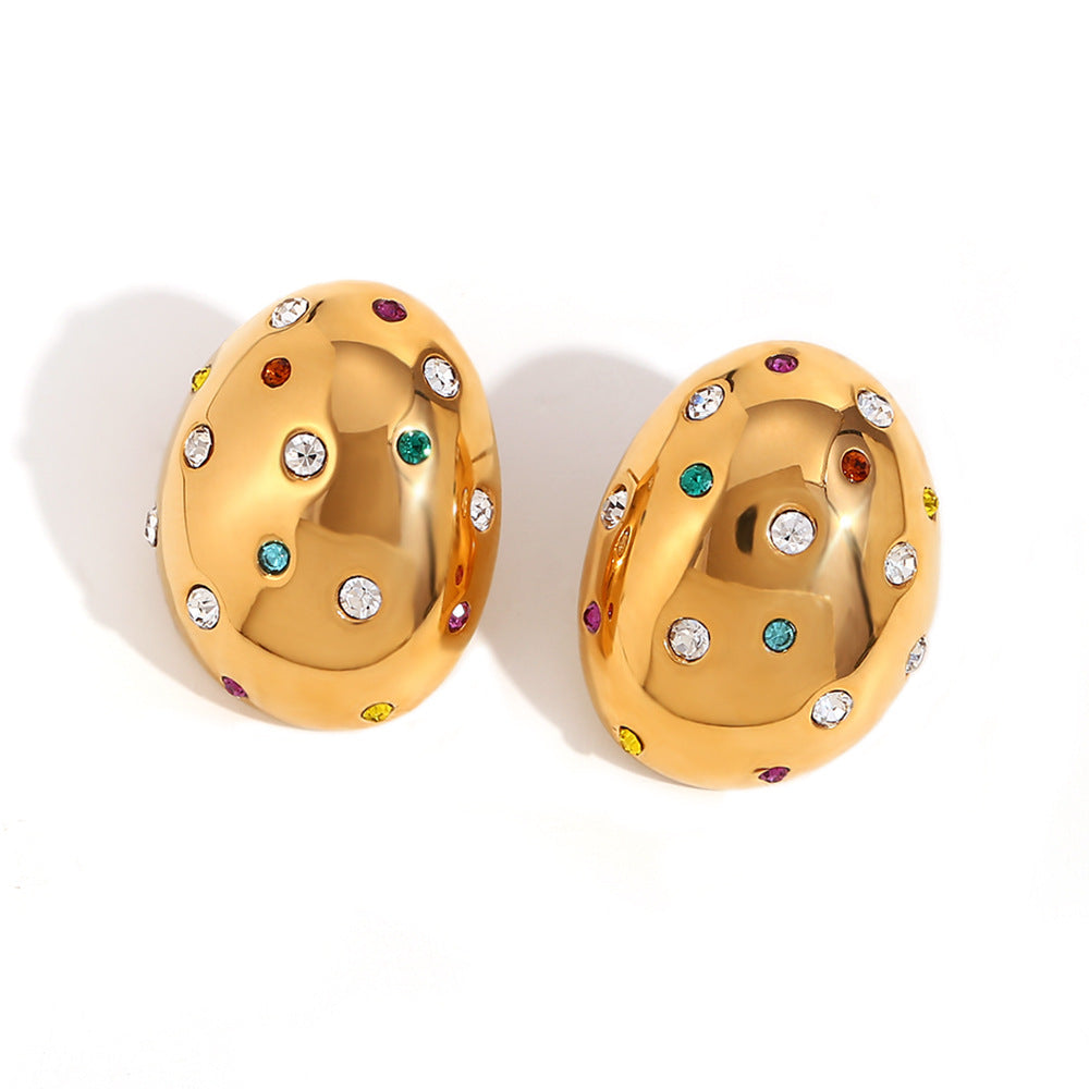 Close View of Colorful zircon oval earrings – 18K gold-plated, geometric design, waterproof by STUD (Shop Till You Drop)