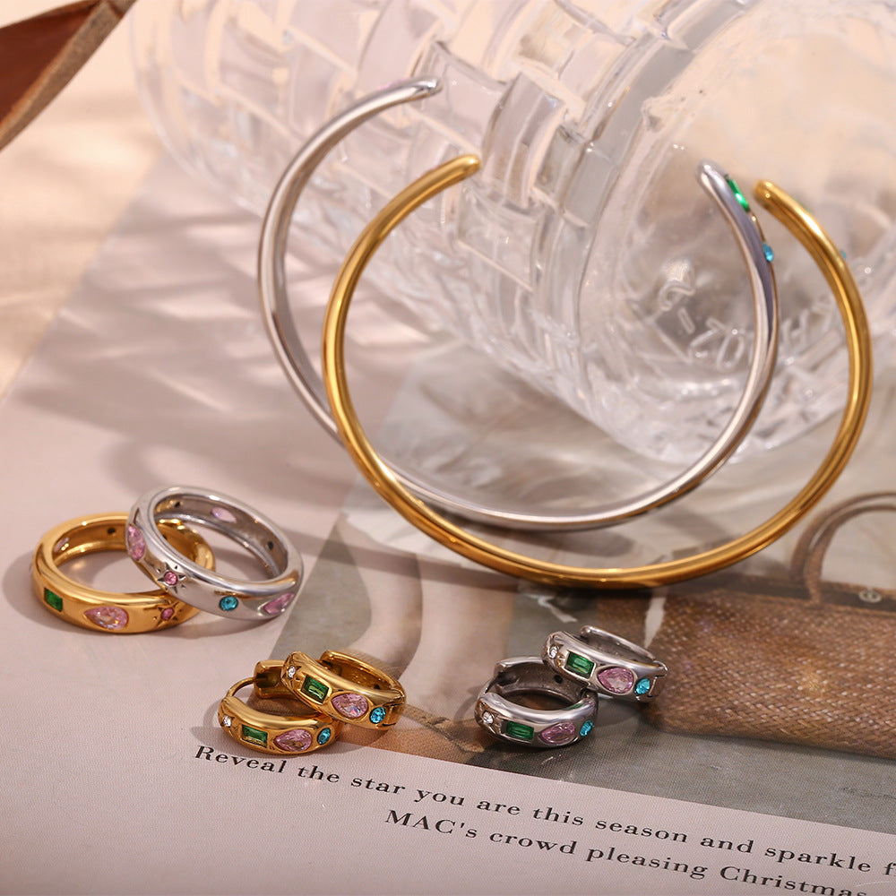 Gold Geometric Zircon Star and Waterdrop Open Bangle