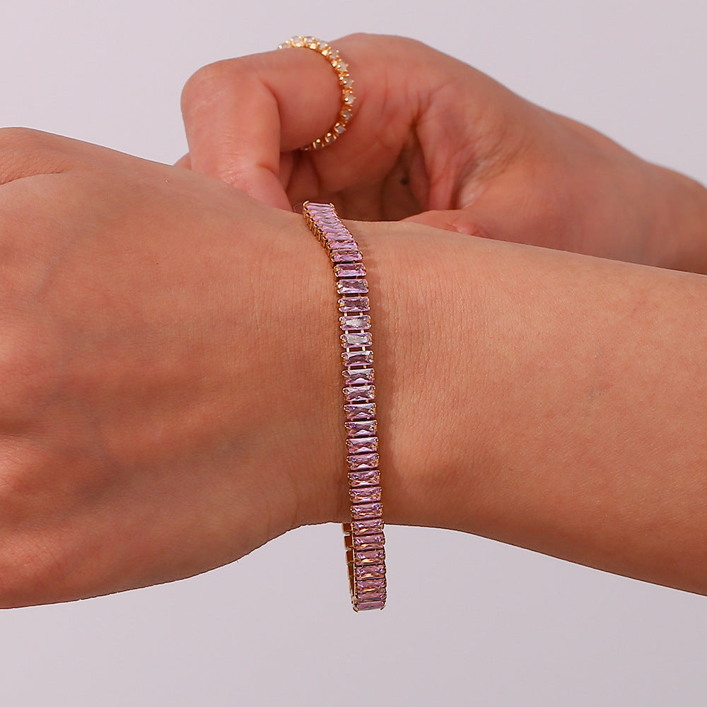 Model Wearing 18K gold plated pink emerald zircon bracelet – STUD-Shop Till You Drop
