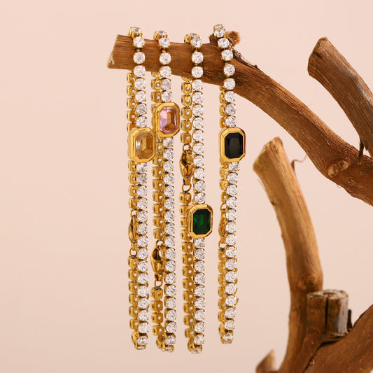 18K gold plated tennis bracelet with zircon and gemstone centerpiece – STUD
