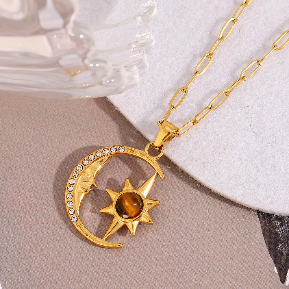 18K gold plated celestial necklace with moon, star, zircon and tiger eye gemstone – STUD