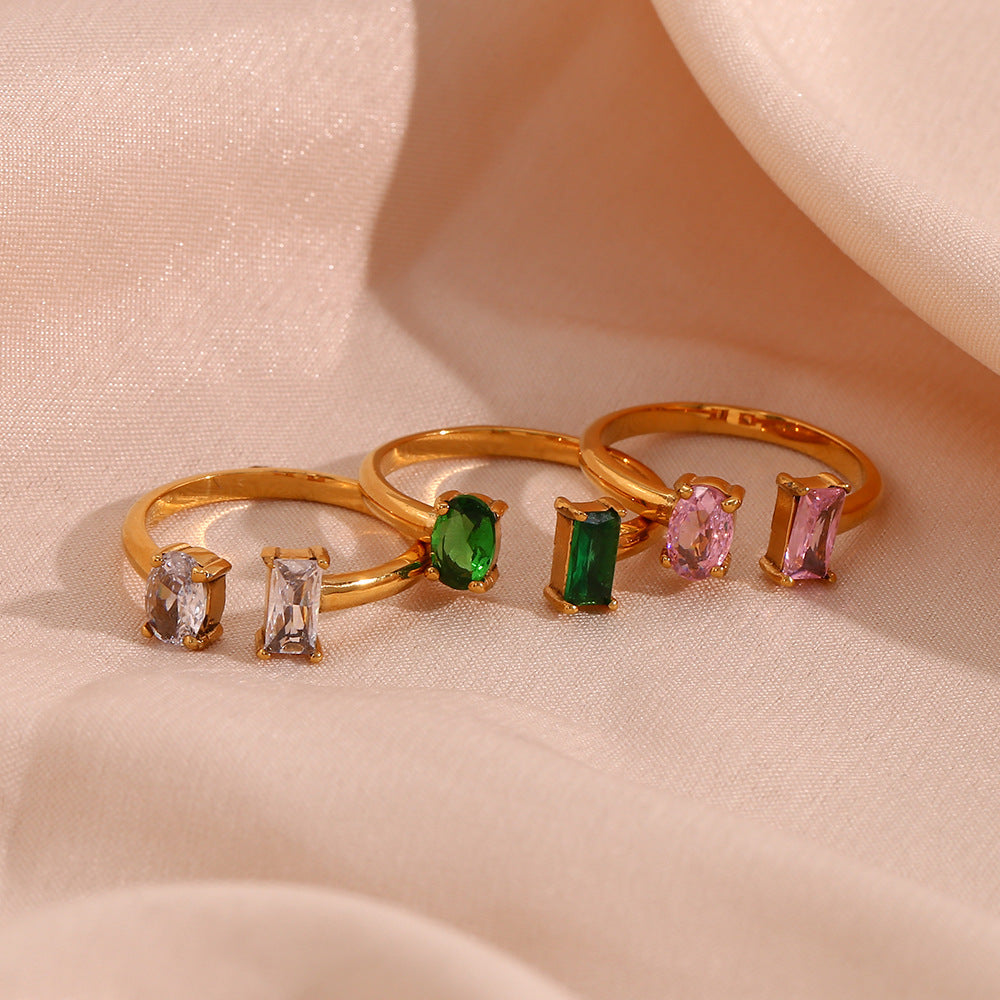 Minimalist oval zircon open rings – 18K gold-plated stainless steel with polished finish – adjustable daily wear jewelry by STUD (Shop Till You Drop)