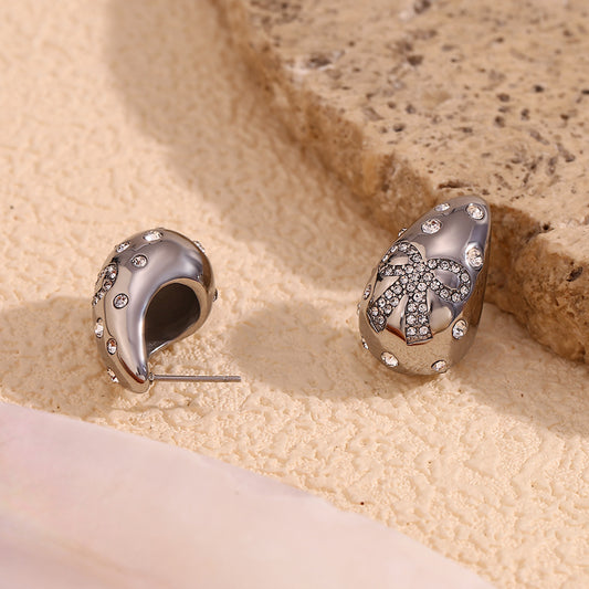 Gold or silver bow waterdrop earrings with rhinestones – luxury OL style, 2024 summer collection by STUD (Shop Till You Drop)