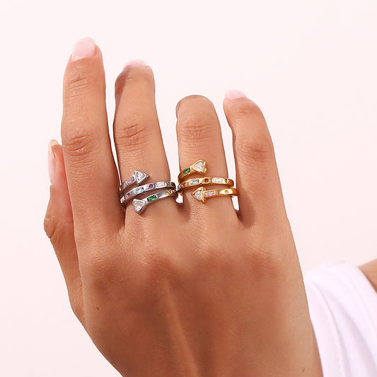 Adjustable silver open ring with rainbow stones and heart arrow