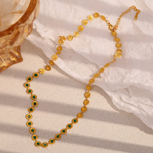 18K gold plated coin choker necklace with emerald green zircon stones – STUD