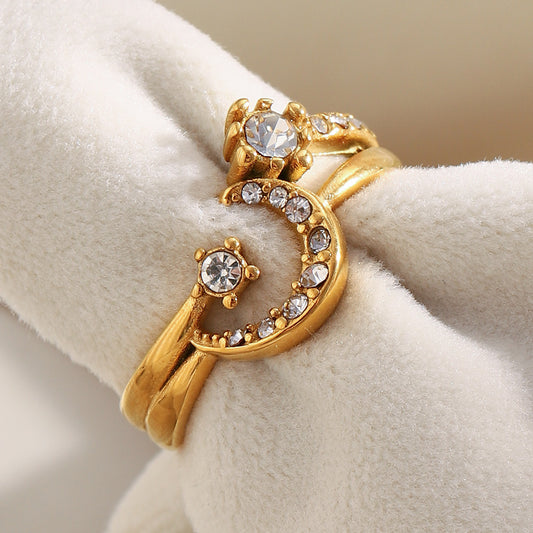 18K gold plated crescent moon double ring with embedded crystals