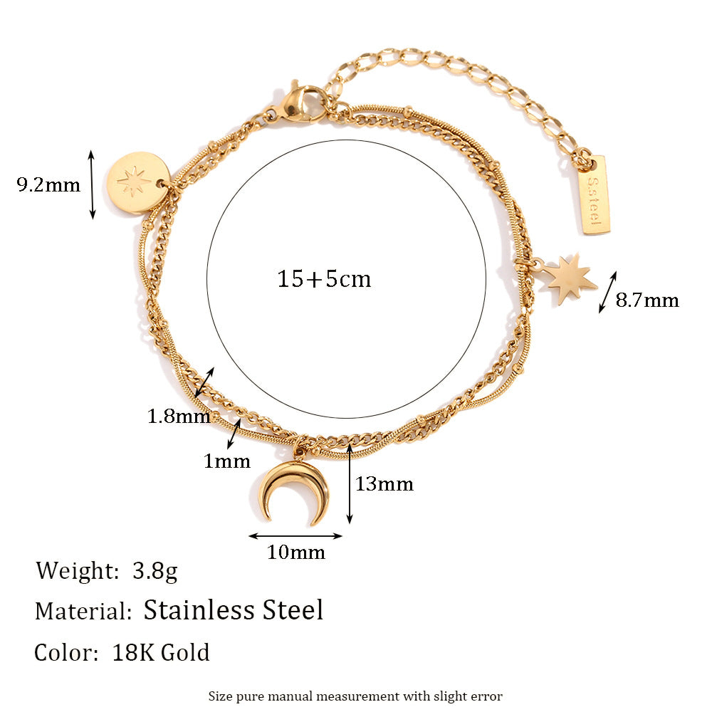 Size Details of 18K gold-plated layered moon and star charm bracelet – waterproof and hypoallergenic celestial jewelry for Gen Z
