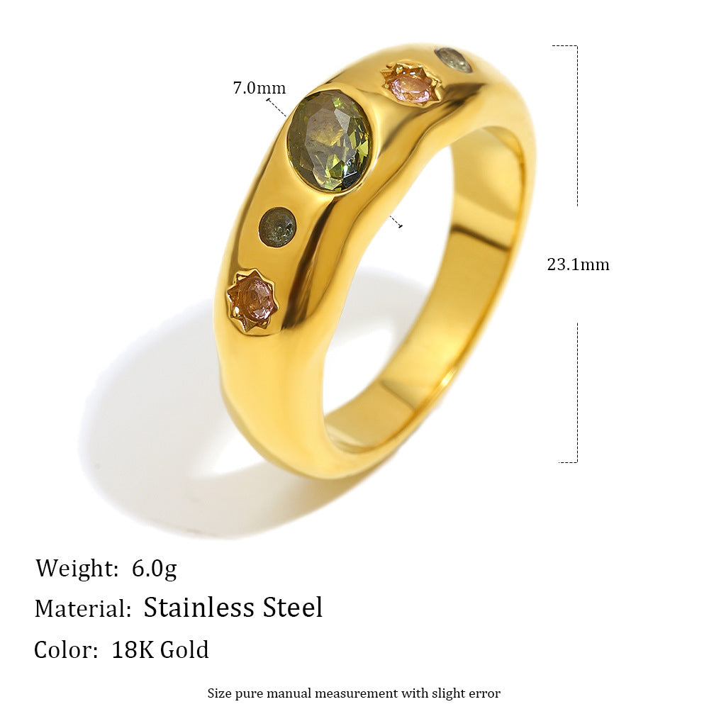 Silver multicolor geometric zircon ring by STUD β 18K white gold plated, modern chunky design