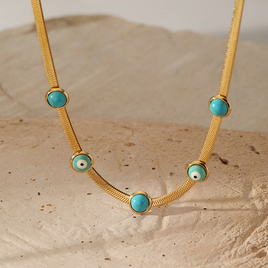 Close View of 18K gold plated snake chain necklace with turquoise evil eye – waterproof, minimalist design by STUD-Shop Till You Drop