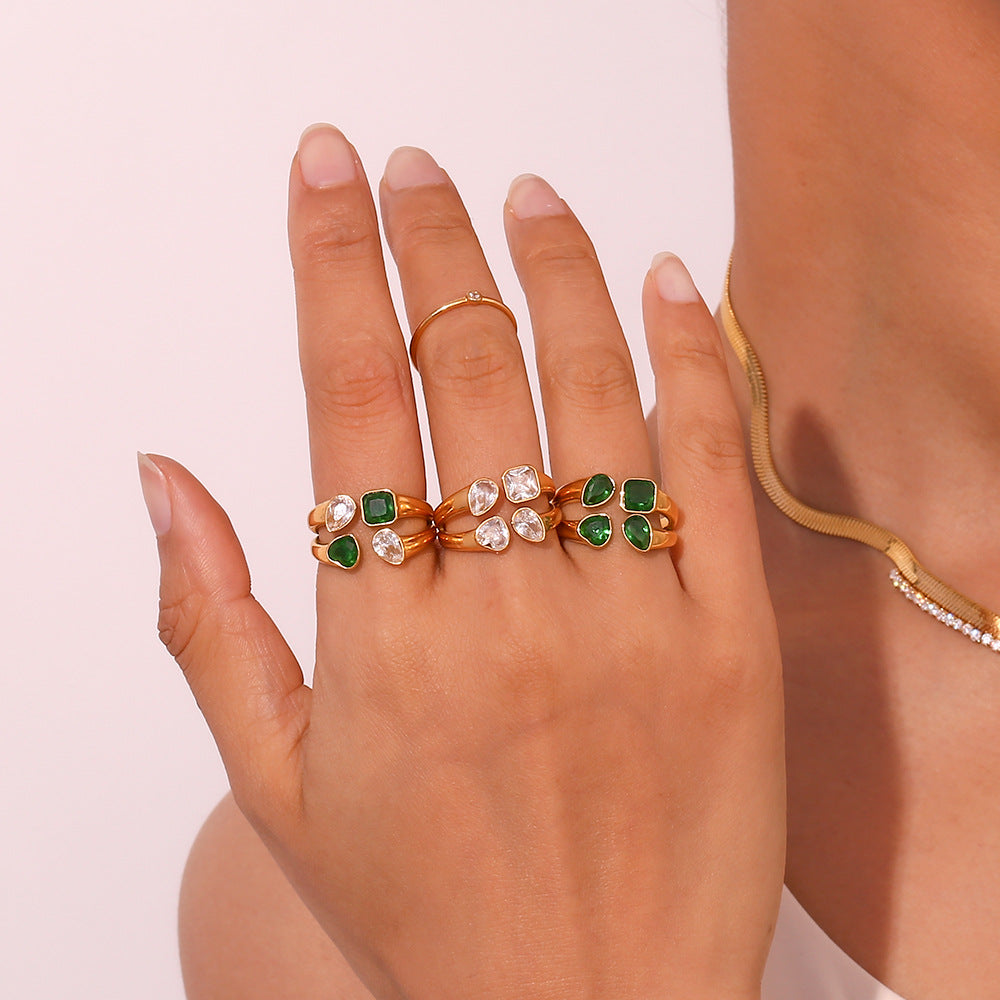 Elegant 18K Gold-Plated Double-Layer Heart & Teardrop Zircon Ring