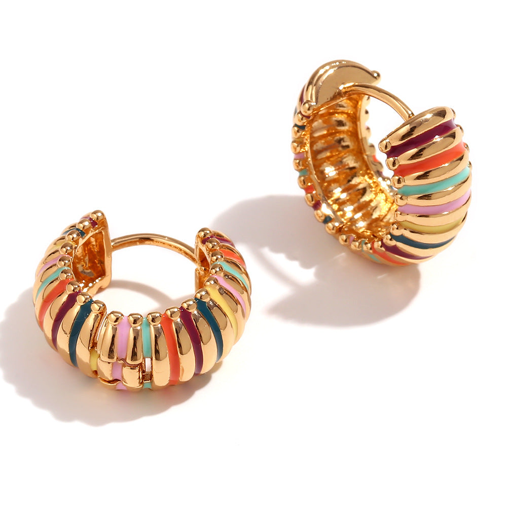 Vintage Color-Patterned Enamel Hoop Earrings in 18K Gold-Plated