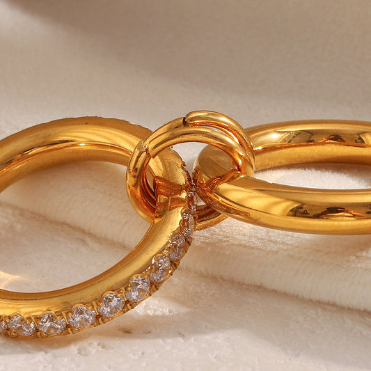 18K gold-plated stainless steel double layer ring with embedded zircon stones for women