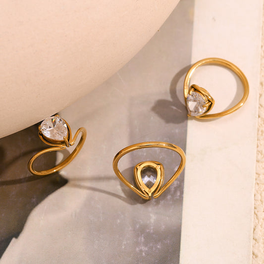 Different angles of Waterdrop zircon ring for women – 18K gold-plated stainless steel with white stone – minimalist statement jewelry by STUD (Shop Till You Drop)