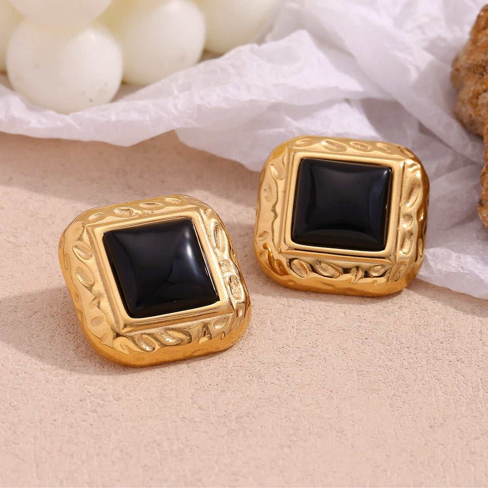 Hammered Black Acrylic Square Stud Earrings – 18K Gold-Plated