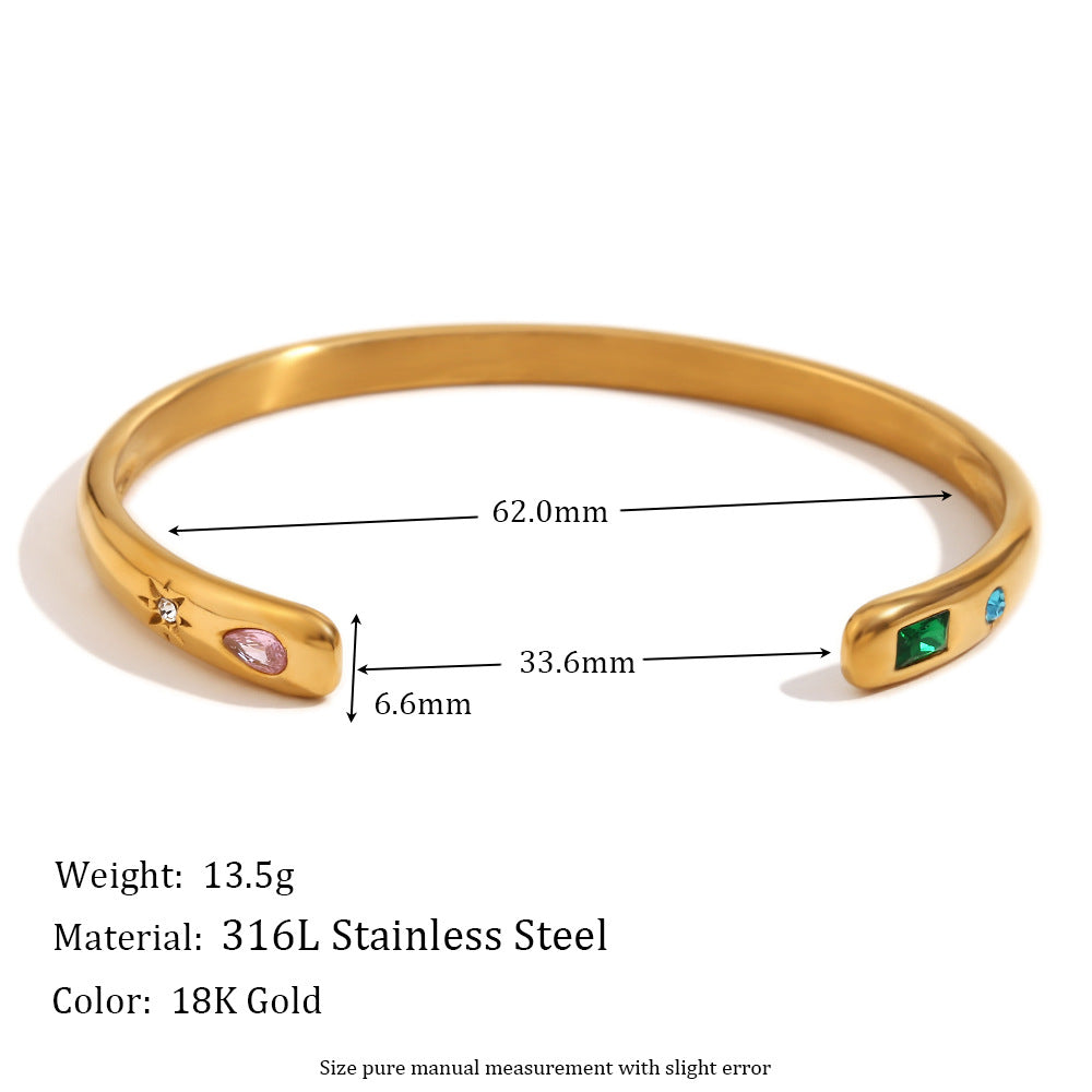 Size Details of Open bangle bracelet with star, round, and teardrop zirconia – waterproof and elegant – STUD