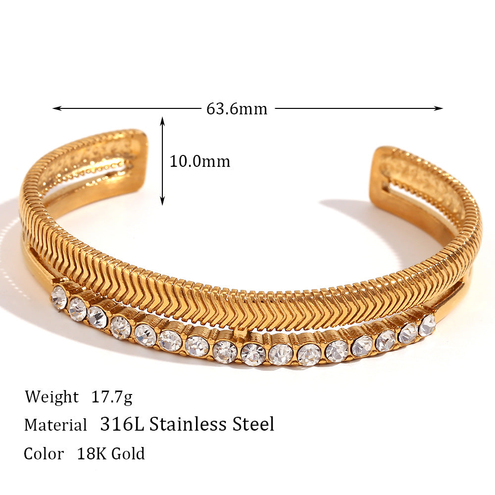 Size Details of 18K gold plated double-layer fishbone bangle – vintage open cuff bracelet – STUD
