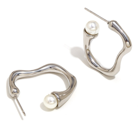 Minimalist pearl C-shaped silver hoop earrings – waterproof, hypoallergenic design by STUD (Shop Till You Drop)