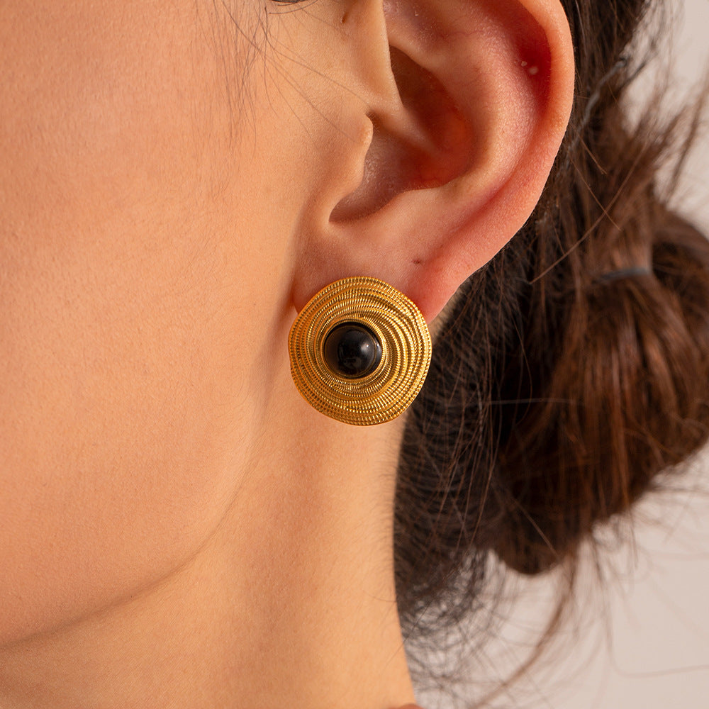 Close View of Vintage gold coil stud earrings with black onyx – 18K gold-plated, waterproof, hypoallergenic by STUD (Shop Till You Drop)