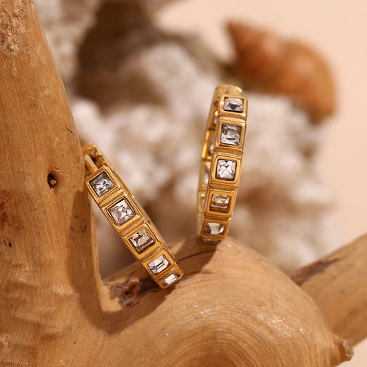 Close View of Minimalist square zircon hoop earrings – 18K gold-plated, polished, waterproof by STUD (Shop Till You Drop)